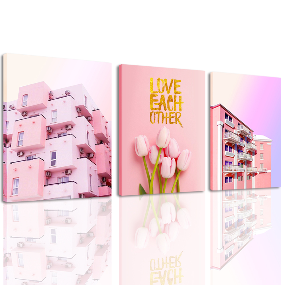 Canvas Wall Art 3 Panel Pink Tulip And Villa Painting Warm Color Canvas Wall Art 3 Panel Pink Tulip And Villa Painting Warm Color Style Picture Decor For Bedroom Teen Girl Room Item No 1372088