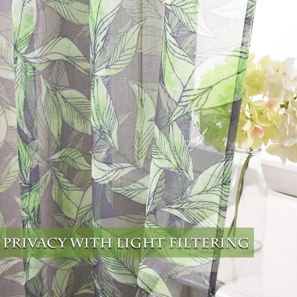 Print Sheer Curtain For Decor - Rustic Style Faux Linen Semi Voile Privacy Hierarchical Watercolor Leaves Pattern Window Treatments For Apartment, Sol