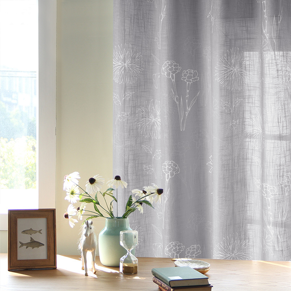 White Blossom Pattern Sheer Curtain For Living Room, Linen Wave Textural Bright & Breezy Semi-translucent Voile Panel For Foyer/doorway, Sold As 1 Pan