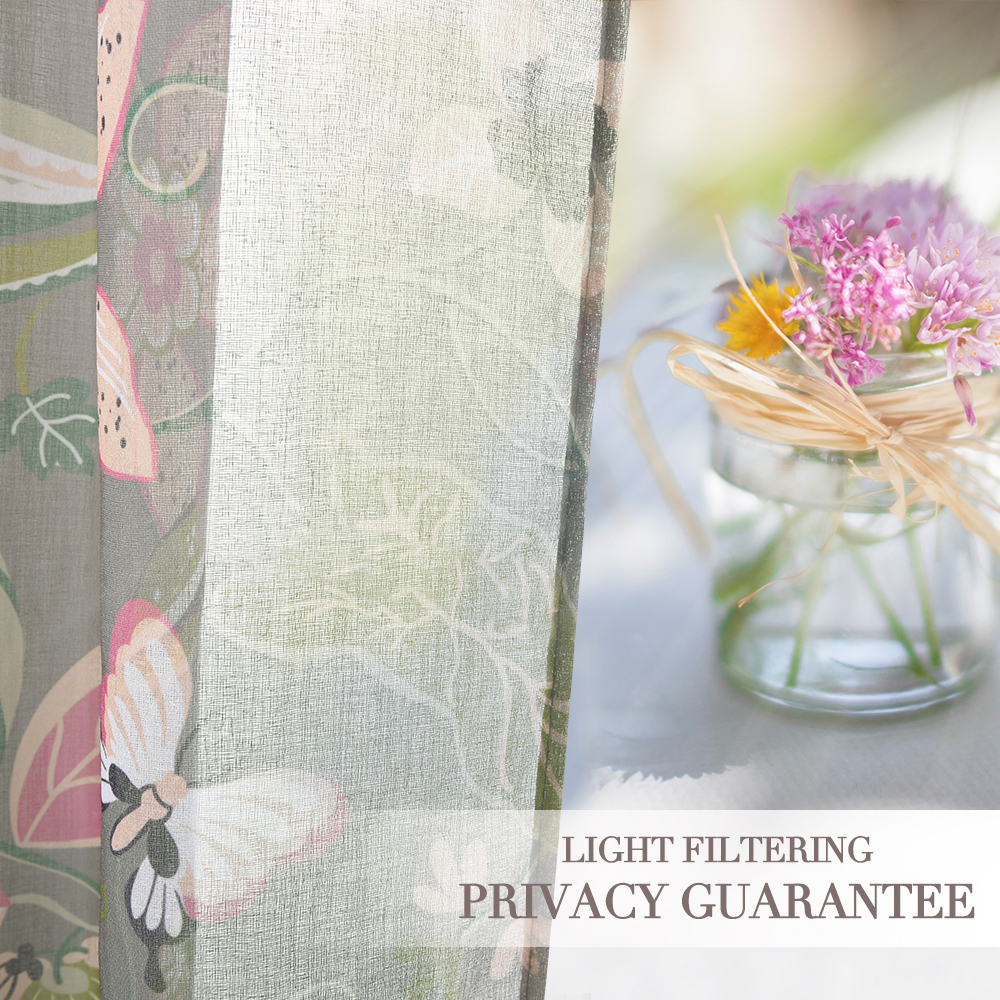Printed Light Filtering Sheer - Semitransparent Flowers & Leaves & Butterflies Patterned Window Draperies, Sold As 1 Panel