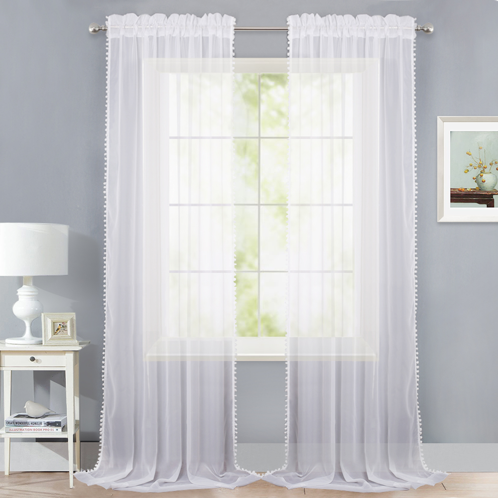 White Voile Sheer Curtain - Country Style Rod Pocket Design With Lovely Pom-pom Brim For Girls Princess Room Decor, Sold As 1 Panel