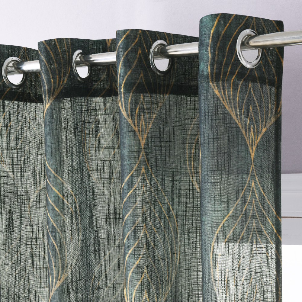 Semi Sheer Curtain Peacock Feathers Pattern Linen Textured Window Curtain For Bedroom Dinning Room Living Room