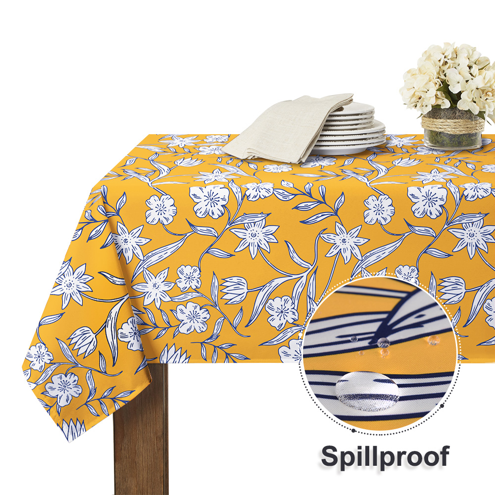 Blue Flowers Printed On Yellow Waterproof Tablecloth, Sold As 1 Panel