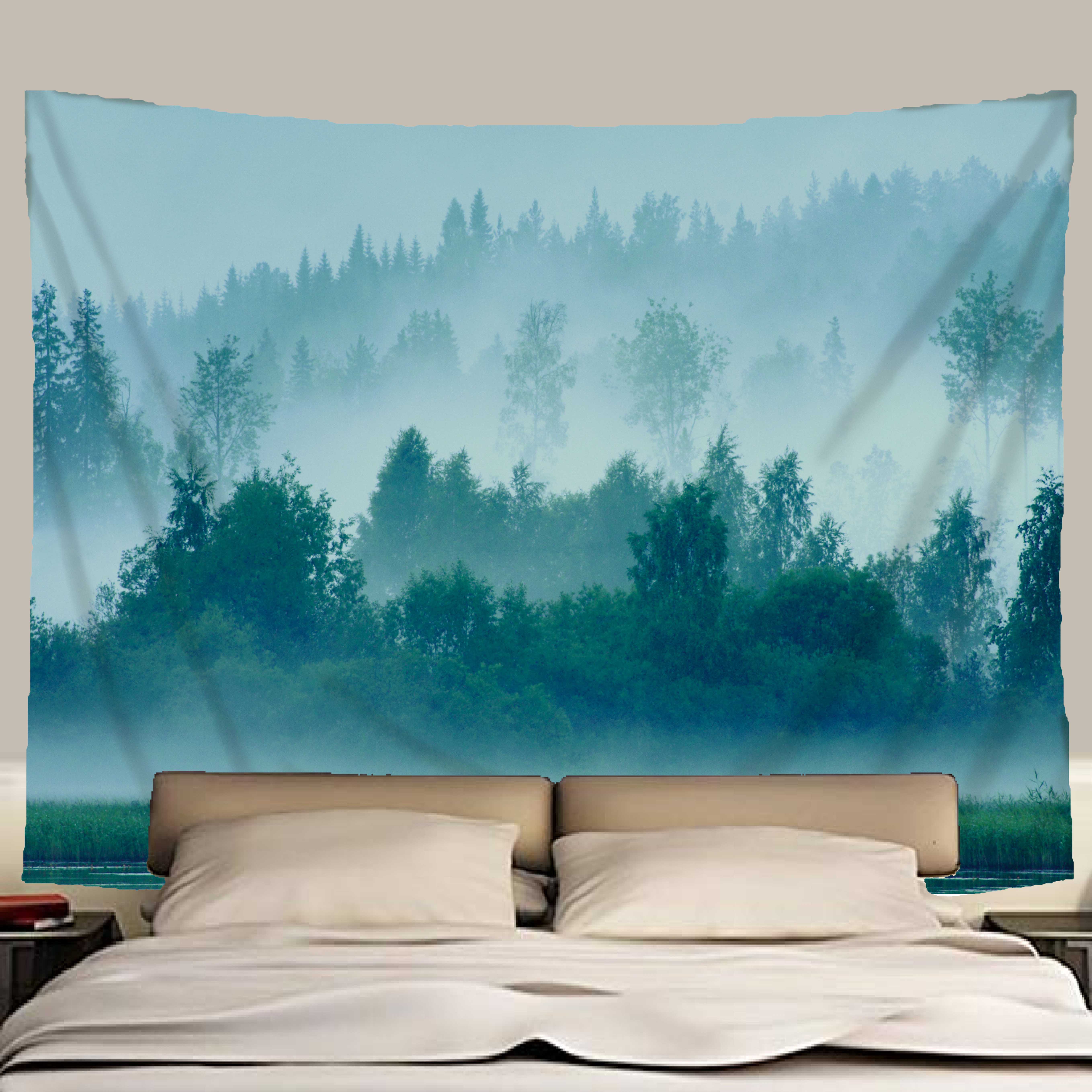 Forest Mountain In Fog Scenery Tapestry Wall Hanging Home Decoration For Living Room Bedroom Dorm Art Deck, Sold As 1 Panel