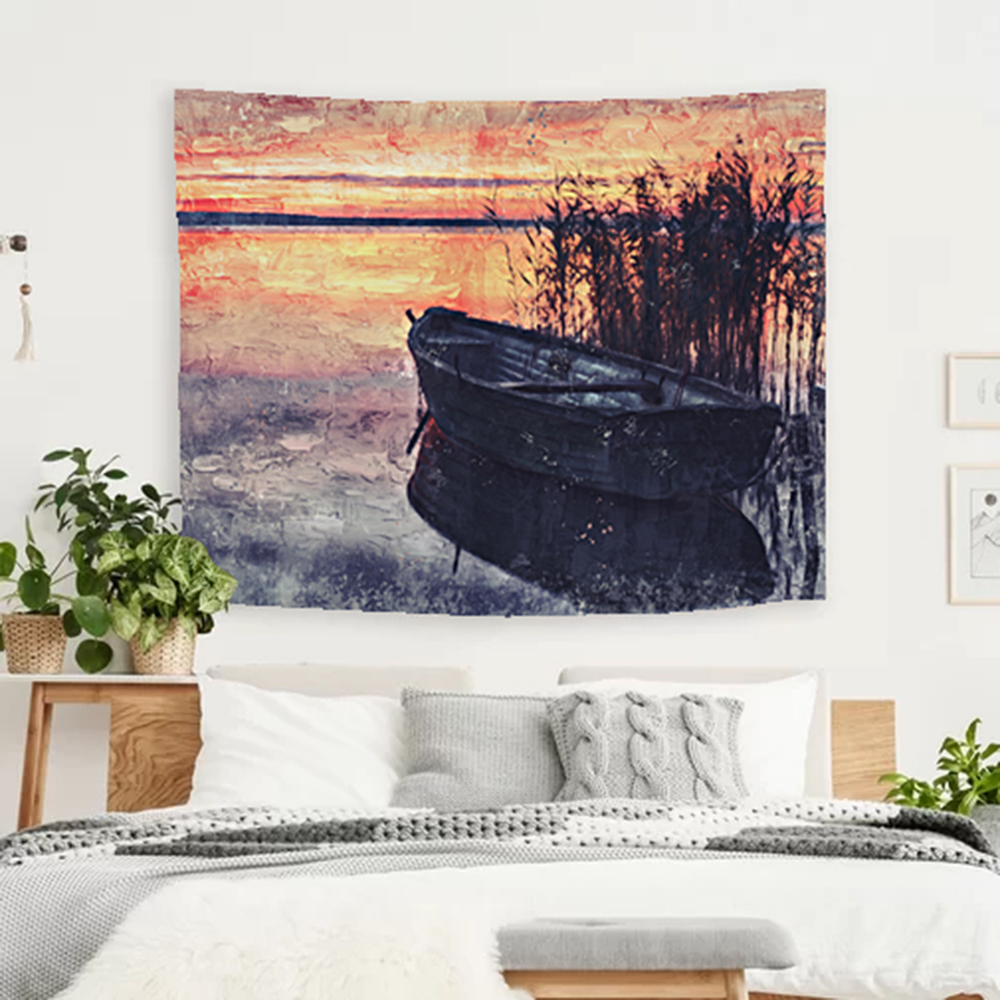 Cozy Boat Under Sunset Scenery Tapestry Wall Hanging Home Decoration For Living Room Bedroom Dorm Art Deck, Sold As 1 Panel