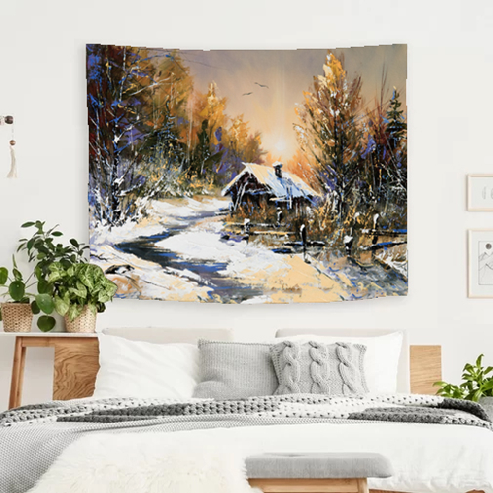 Winter Cabin Pattern Tapestry Wall Hanging Home Decoration For Living Room Bedroom Dorm Art Deck, Sold As 1 Panel