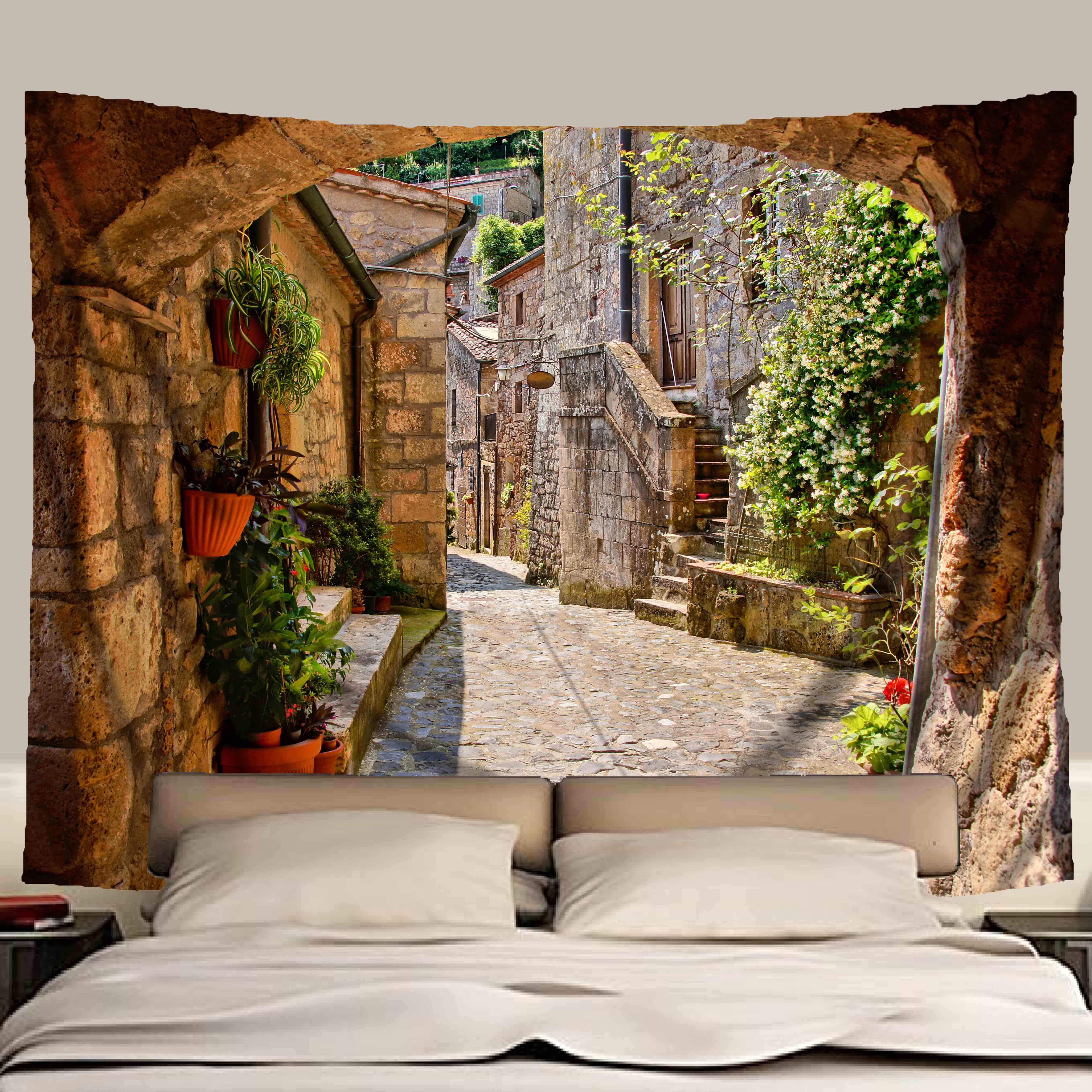 Italian Town Scenery Tapestry Wall Hanging Home Decoration For Living Room Bedroom Dorm Art Deck, Sold As 1 Panel