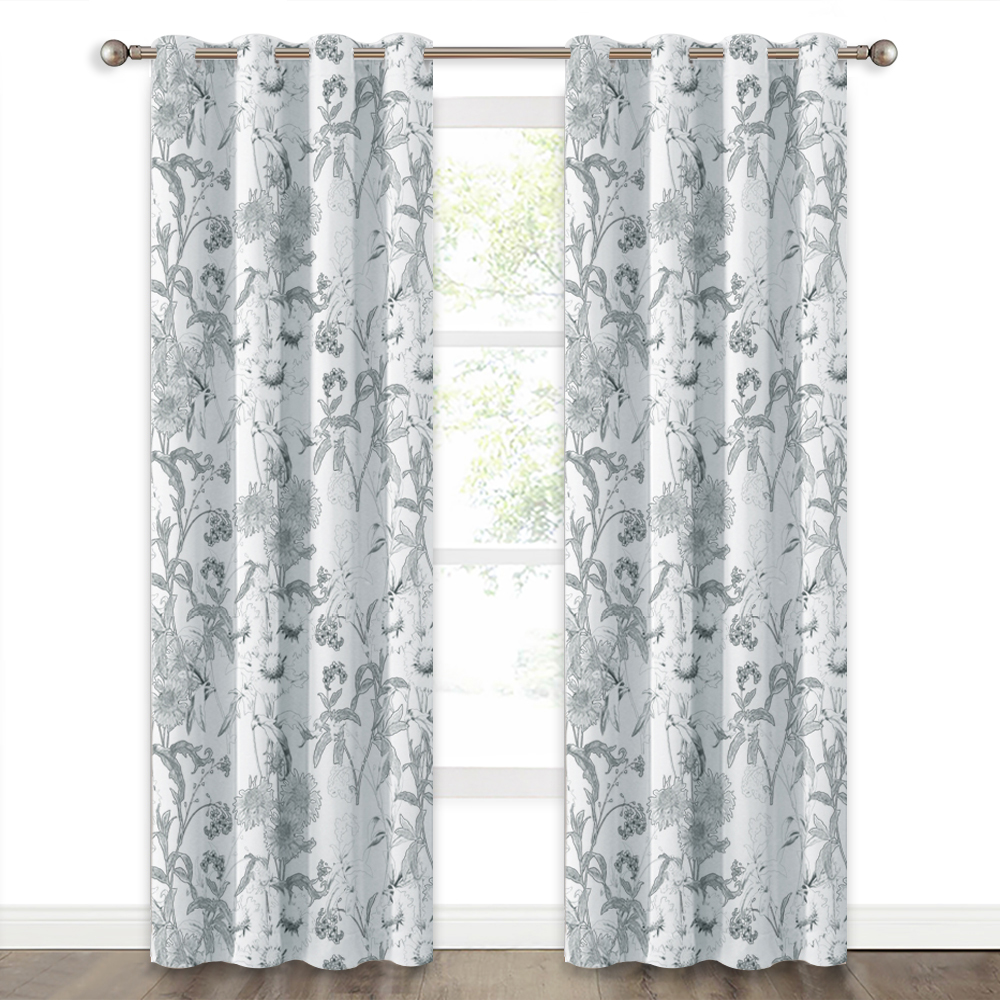 Grey Window Curtain - Thermal Insulated Leaves/floral Printed Design Curtain Drapes With Decoration For Dining Room, Sold As 1 Panel