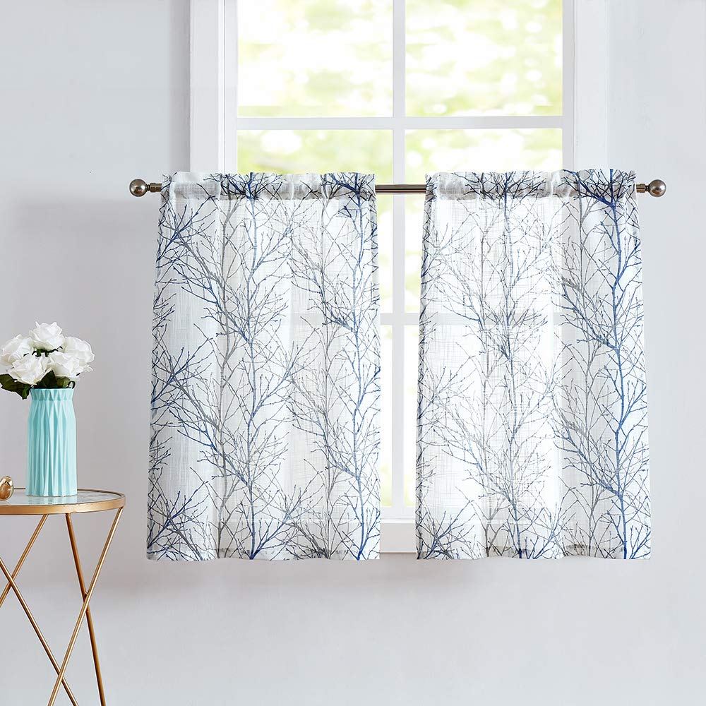Kitchen Curtain Window Tree Branch Print Semi-sheer Tier For Bathroom Small Café Curtain Panel, Sold As 1 Panel