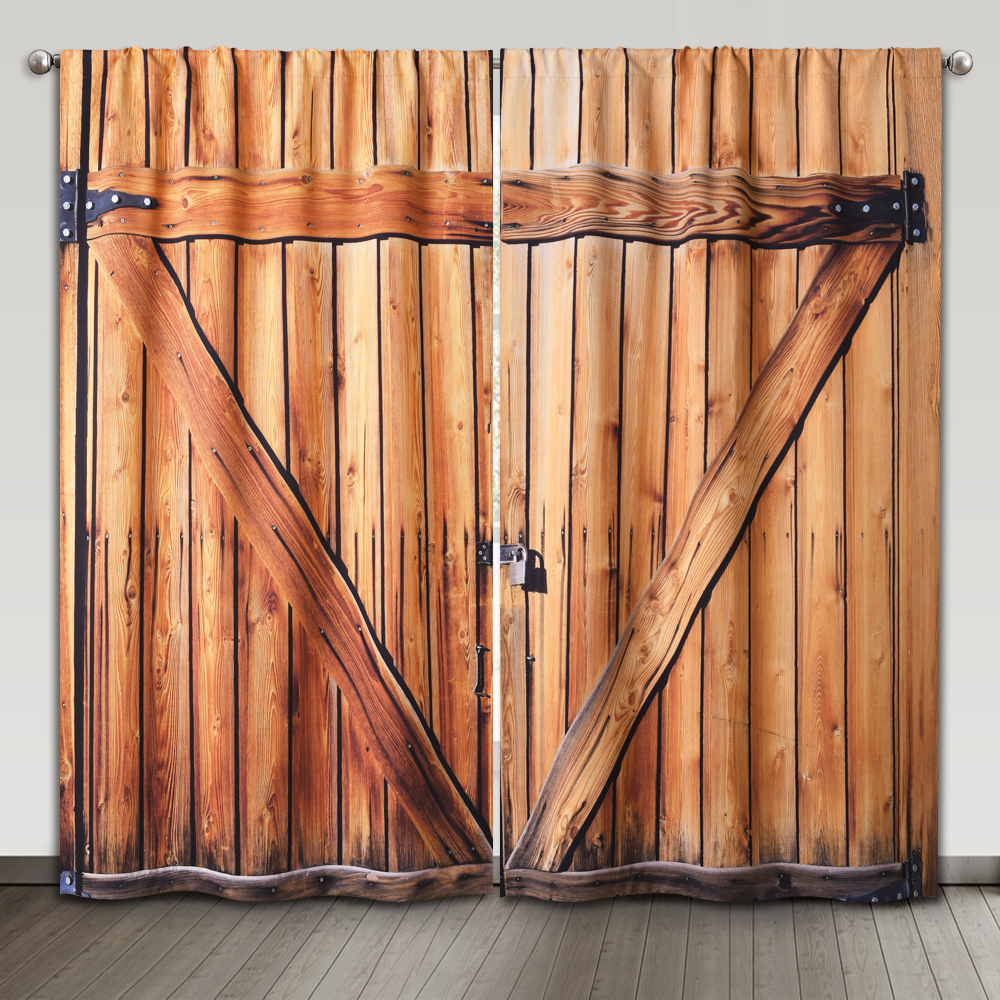 County Curtain Wooden Barn Door Pattern Blackout Window Decorating Curtain Rural Life Print For Farmhouse Office Living Room Yard Garden, Sold As 2 Pa
