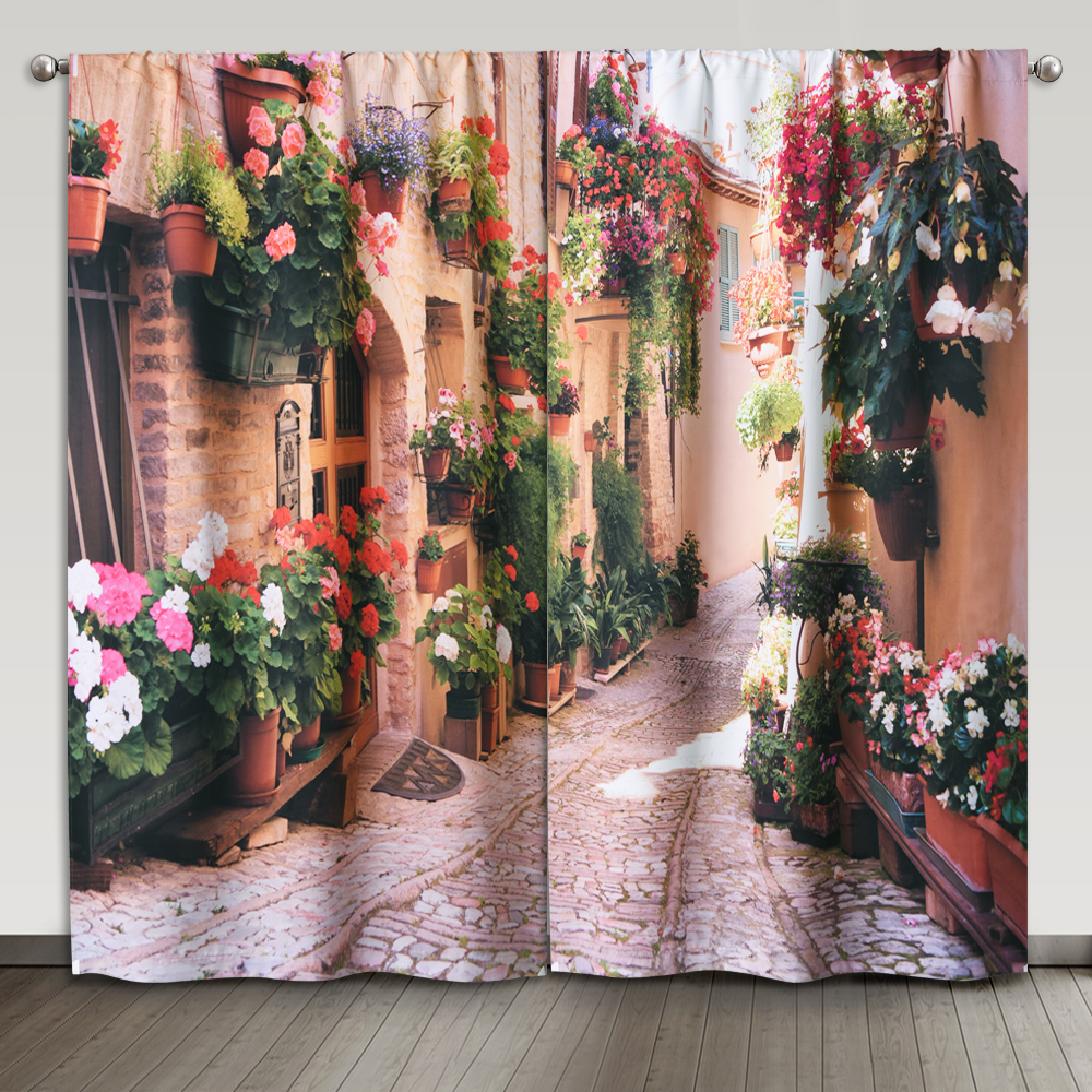 Window Decoration Curtain For Bedroom - Vintage Old Street Flowers Pots, Thermal Insulated Privacy Wall Panel For Living Room Open Door, Sold As 2 Pan