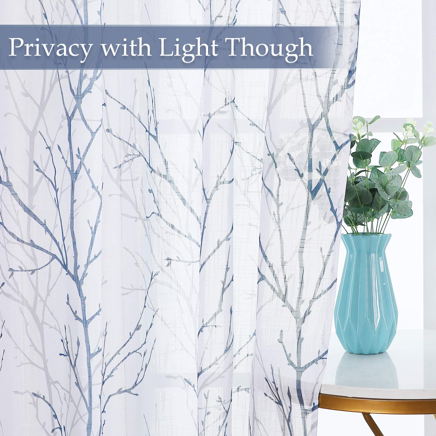 Sheer Window Curtain Linen Look, Privacy With Light Filter Texture Double Colors Branch Twist Pattern Paint On White Sheer