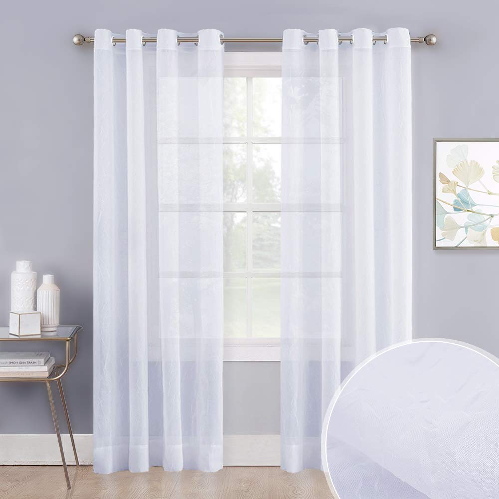 Sheer Curtains White Crinkled Voile Textured, Crushed Privacy Sheer Window Treatment