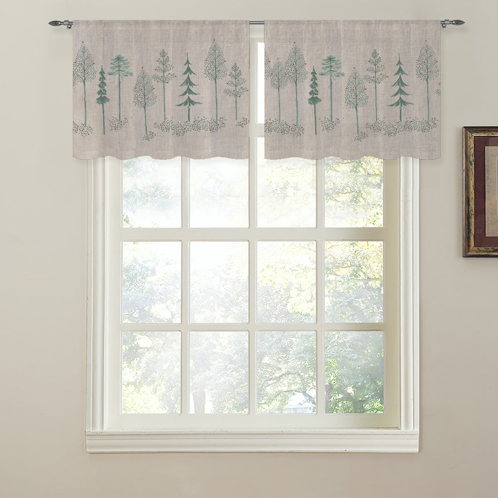 Christmas Trees Pattern Print Linen Look Curtain Valance For Kitchen, Bathroom, Small Window, Sold As 1 Panel