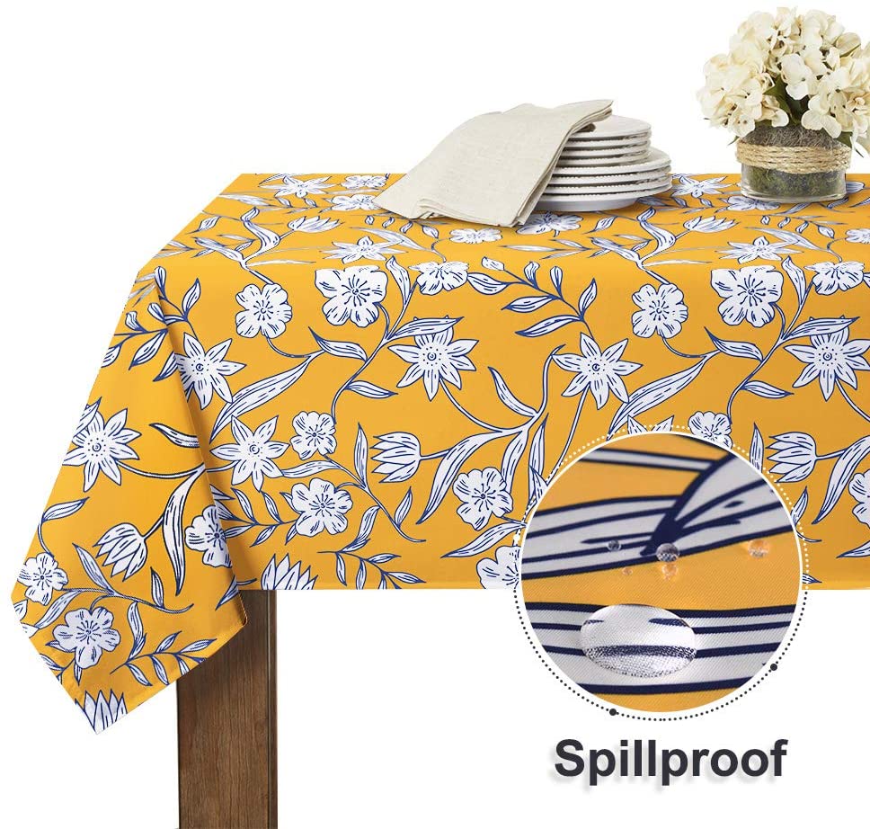 Print White Floral Pattern Stain Resistant, Wrinkle Free Spillproof Washable Polyester Table Cover
