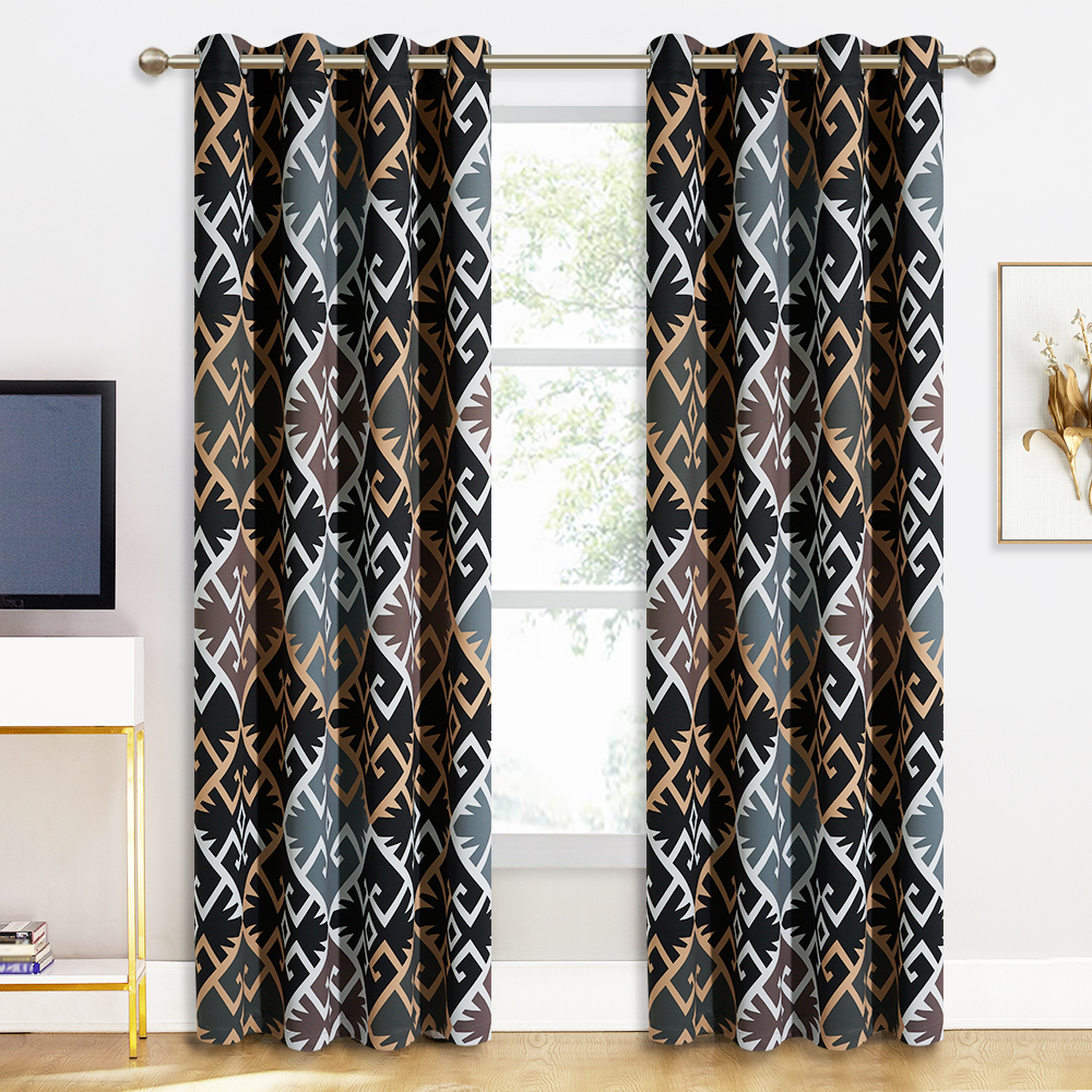 Geometric Totem Print Curtains, Retro Style Medallion Pattern Curtain Panels Room Darkening Drapes