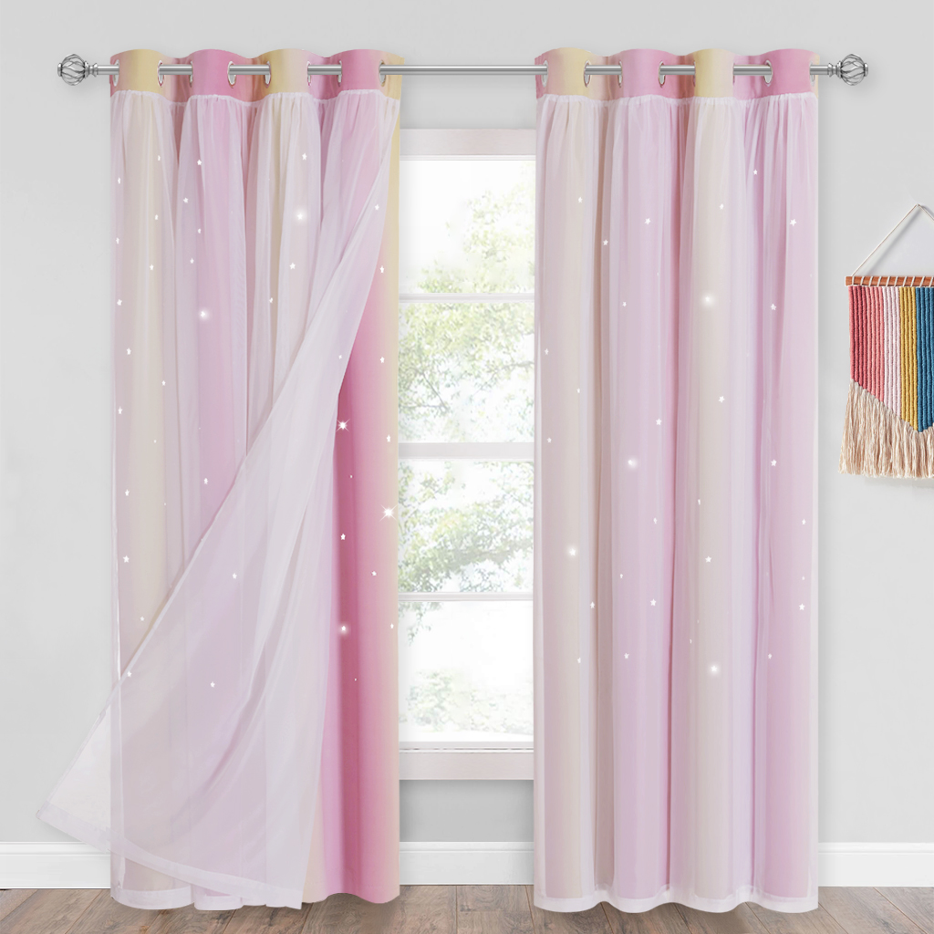 Girls Bedroom Star Cut Out Blackout Window Curtains With White Sheer Double Layers Gradient Multicolor Stripe，pink And Yellow