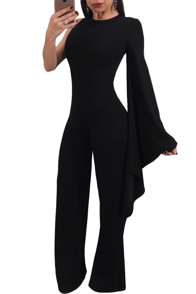 black wide leg jumpsuit with sleeves