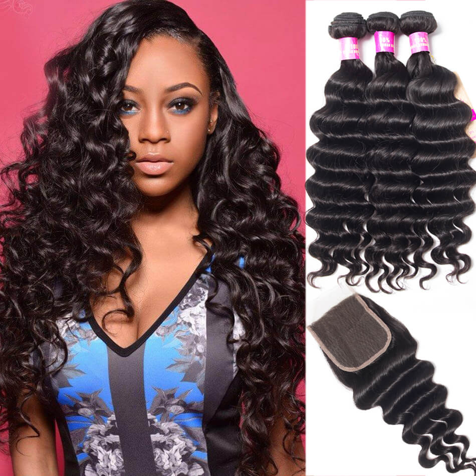 Us 125 72 3 Bundles Human Hair Weft With Closure Loose Deep