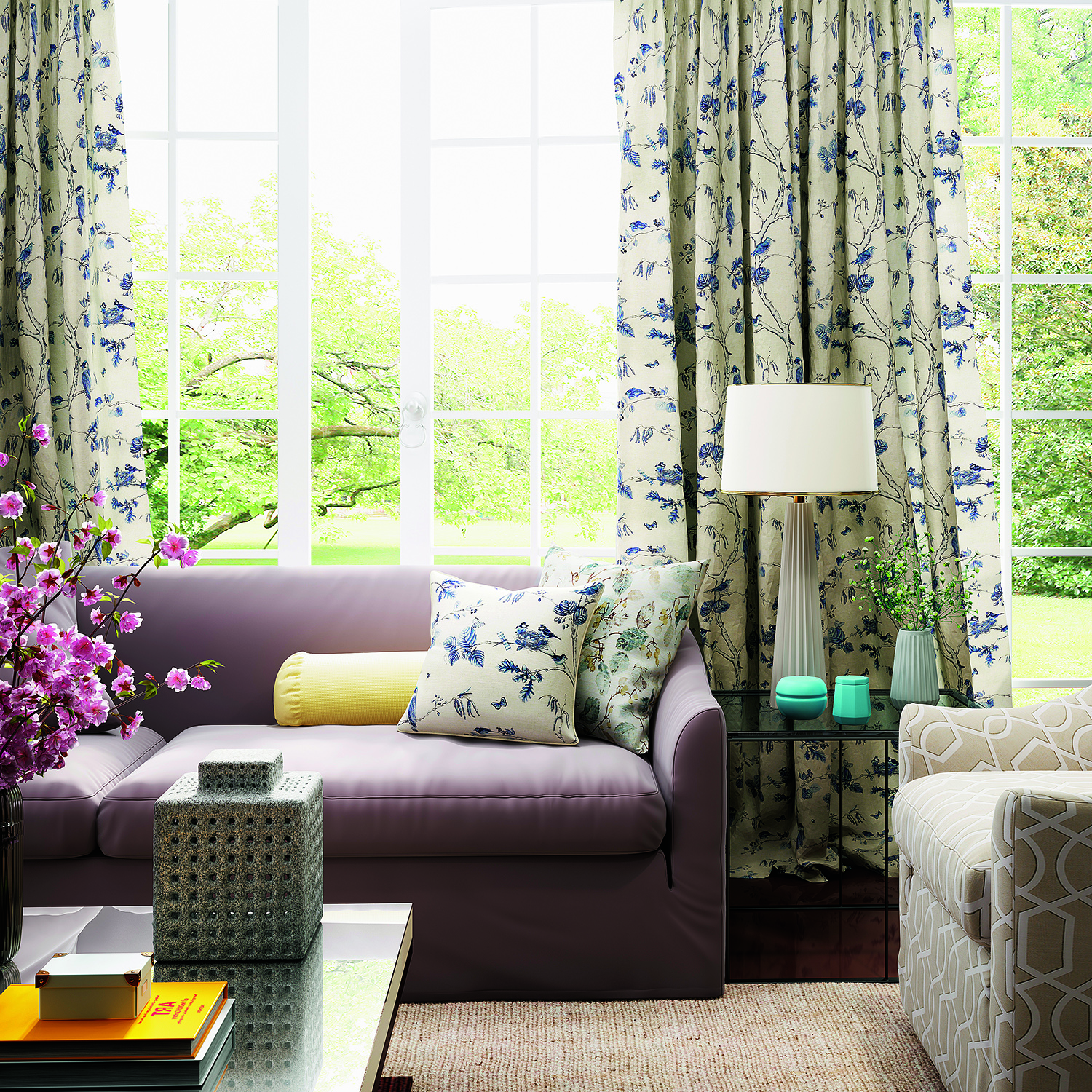 Rural Pastoral Flower Bird Extra Wide Curtain 100 W X 84 L