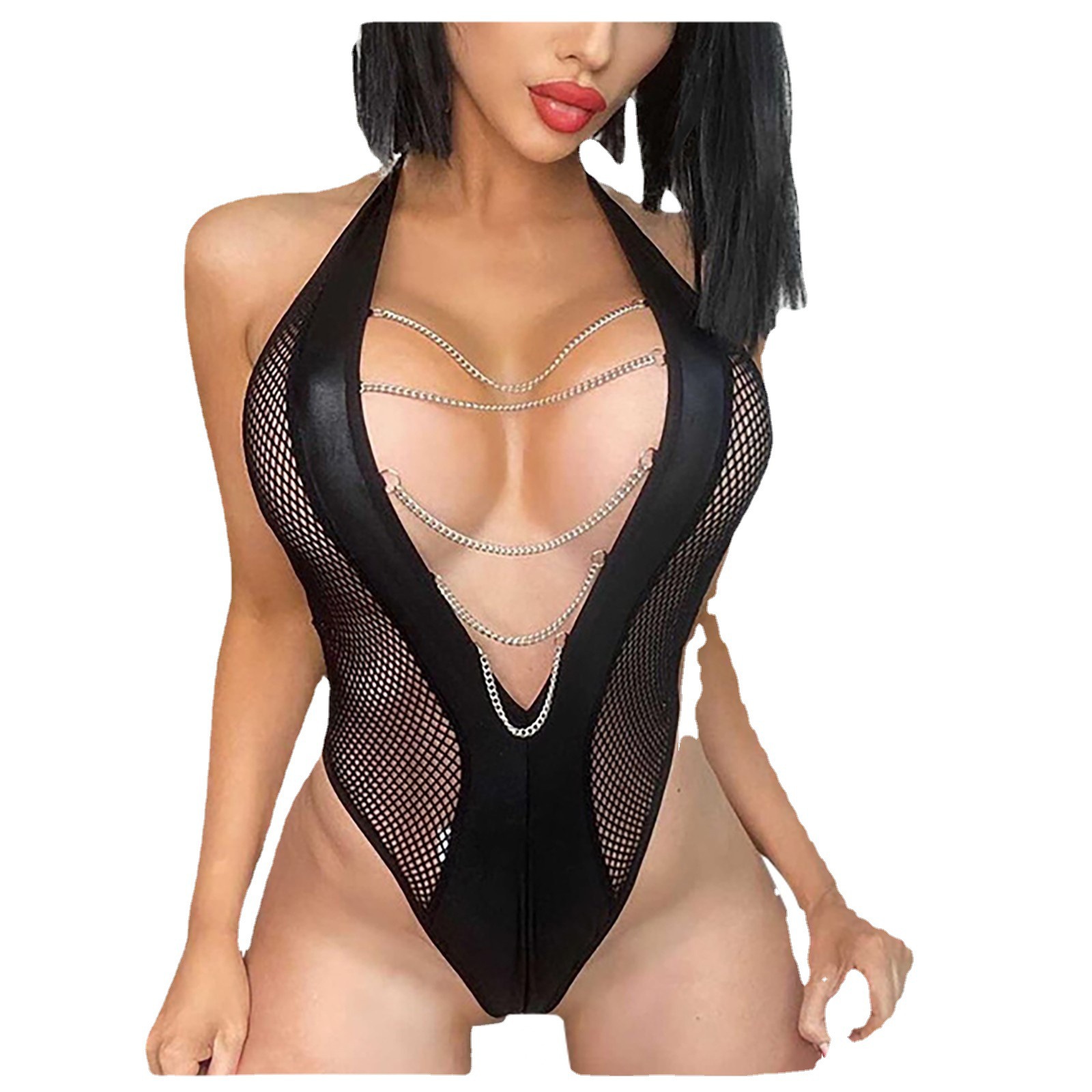 Sexy Mesh See Through Lingerie One Piece Deep V Erotic Nightwear Uniforms