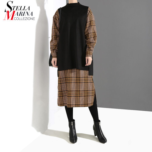 2018 Korean Style Two Pieces Set Women Winter Black Apricot Plaid