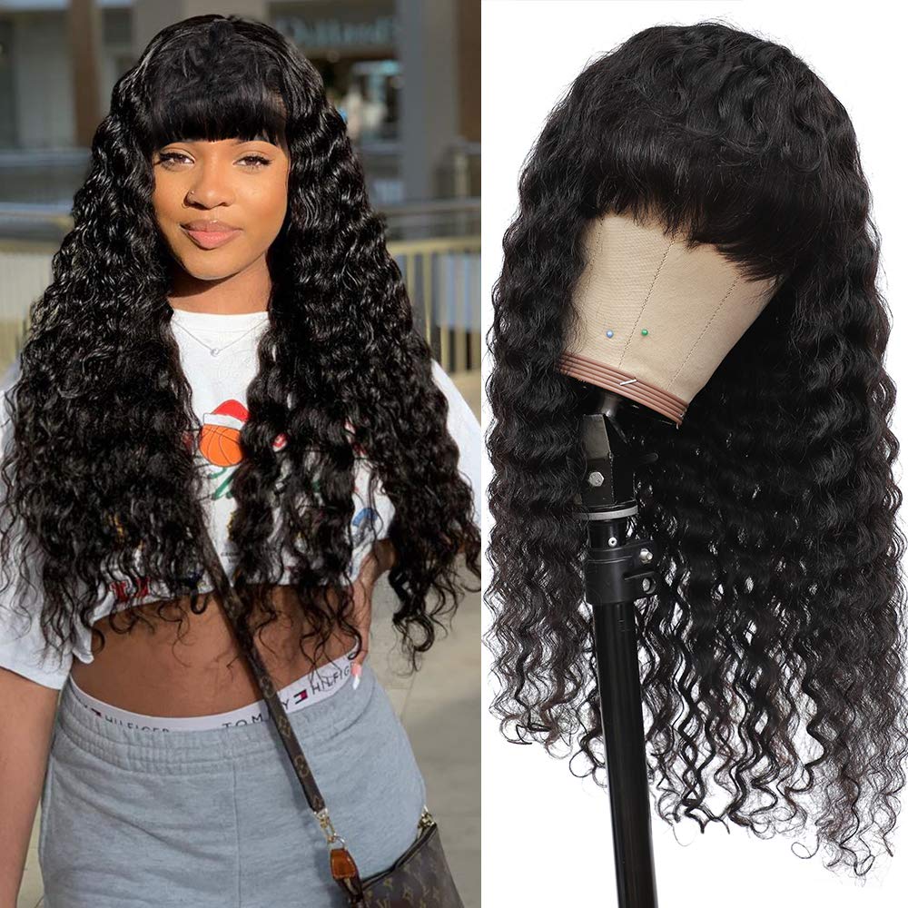 Free Shipping Gluna Hair Deep Wave Wigs With Bangs 150 Density None