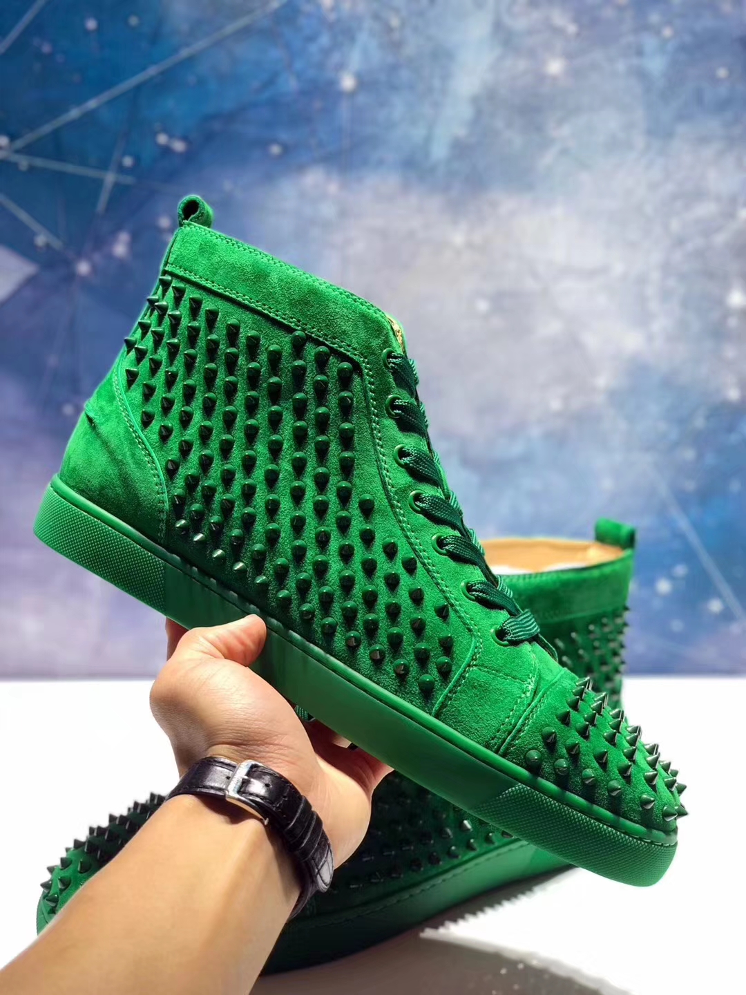 red bottom shoes for men - Christian Louboutin Green Suede High Top Spikes Flats Men Sneakers ...
