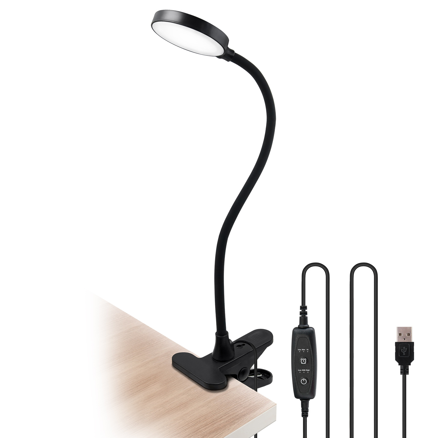 USB Powered Black Dimmable 4W LED Table Light Desk Reading Lamp Laptop Light with Clamp, Timer Function, Flexible Gooseneck, Eye Care Daylight Lighting