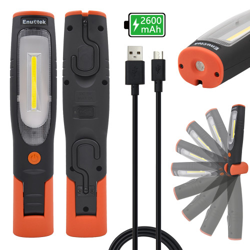 Rechargeable COB LED Work Light Cordless Magnetic LED Mechanics Inspection Torch Lamp Flashlight Front 4W COB LED and Top 3W LED, Magnetic Base and Dual Hooks, Essential Work Job Tool by Enuotek