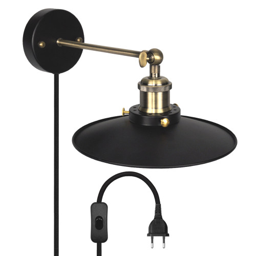Vintage Wall Mounted Black Wall Sconce Light with E27 Lamp Holder Lampshade Power Plug and Cable Switch for Living Room Bedroom Indoor Balcony, Light Bulb Not Included, 1 Lamp