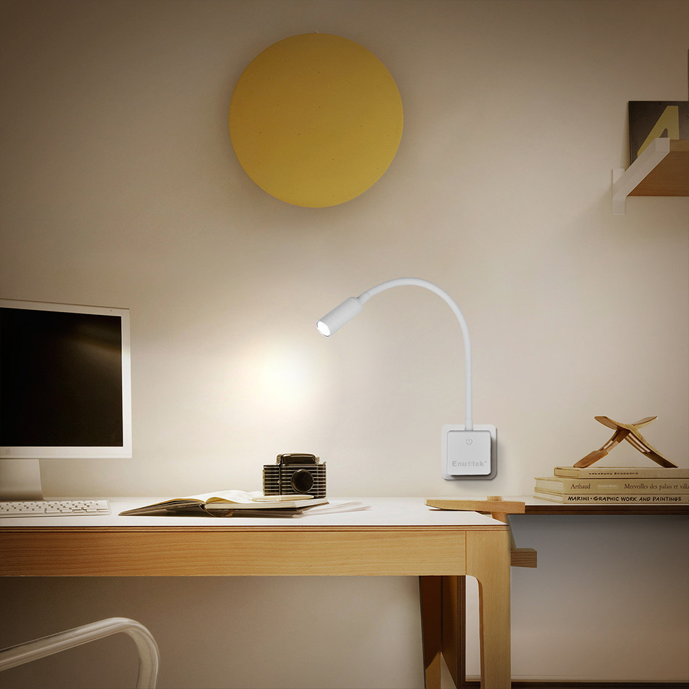 Plug In White Dimmable LED Night Light Bedside Swing Arm Wall Spotlight