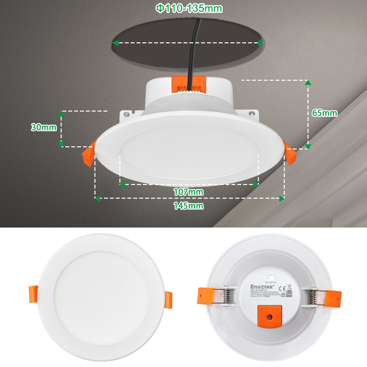 12W Large Recessed LED Downlights Bathroom LED Recessed Ceiling Lights