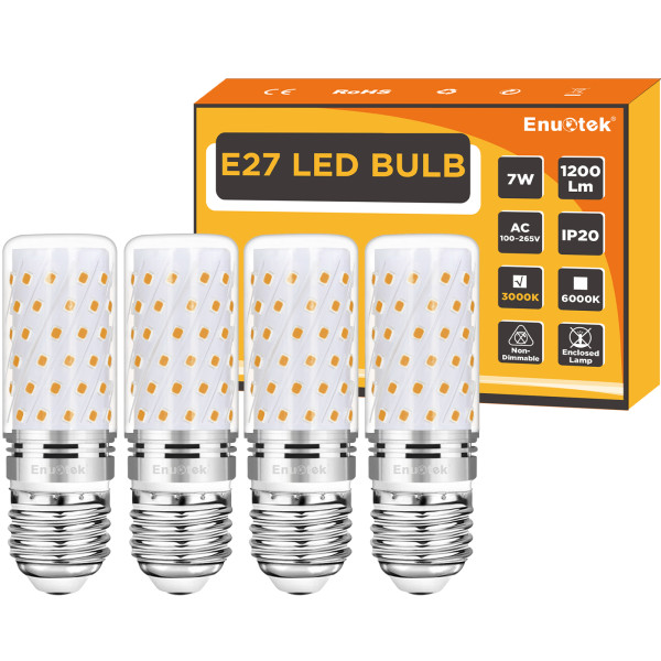 E27 Edison Screw LED Corn Light Bulbs 7W 1200Lm, 120W Incandescent Bulbs Equivalent, 3000K Warm White, AC100-265V, Cylindrical Light Bulb Not Dimmable for Desk Lamp, Floor Lamp, Bedroom Pack of 4