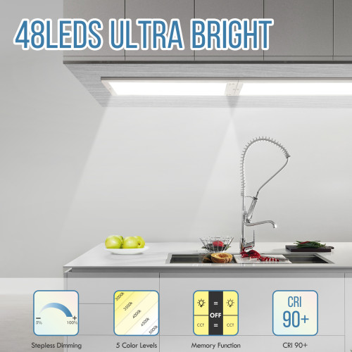 Connectible 12’’ 6W Under Kitchen Cabinet LED Cupboard Recessed Panel Light Hardwired 480Lm Stepless Dimmable and 5X Lighting Colors (3000K~5000K) Selectable CRI 90+