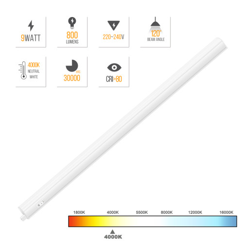 Connectible T5 9W LED Under Cupboard Light Tube Kitchen Worktop Lamp Neutral White 4000K Length 573MM with European Power Plug Replace T5 Fluorescent Light Fixture Pack of 1 Lamp