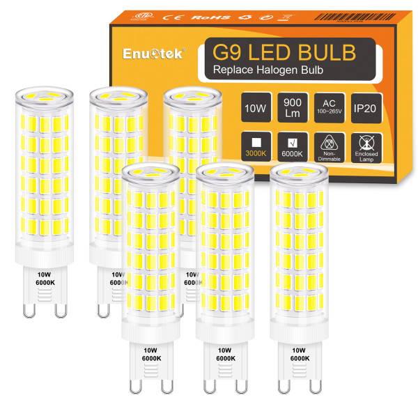 Super Bright G9 LED Small Corn Bulbs 10W 900Lm Chandelier Light Bulbs (100W Halogen Equivalent) SMD5730 LED 6000K Daylight White Non Dimmable No Flicker GU9 LED Lamps cETL Listed 6 Pack
