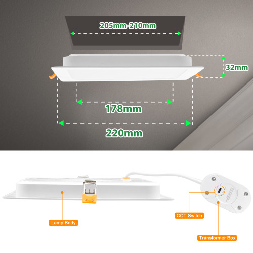 24W Ultra Slim LED Large Square Ceiling Recessed Panel Downlight, High  Brightness 2400Lm, Waterproof IP54 Bath