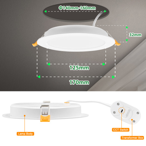 18W LED Ultra Flat Large Round Panel Downlight Ceiling Recessed Lamp 1800Lm IP54 Waterproof for Cutout Φ140-160MM in Kitchen Bathroom Living Room Office Not Dimmable 1 Lamp