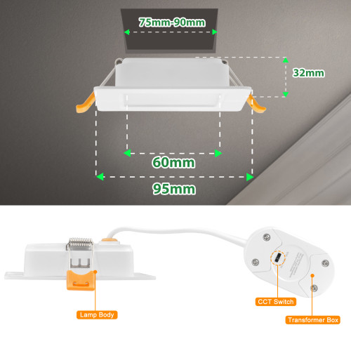 5W Square Shape LED Samll Recessed Ceiling Lights Low Profile Panel Downlights 500Lm IP54 Waterproof for Square Mounting Hole in Kitchen Bathroom CCT Selectable 3000K 4000K 6000K 3 Lamps