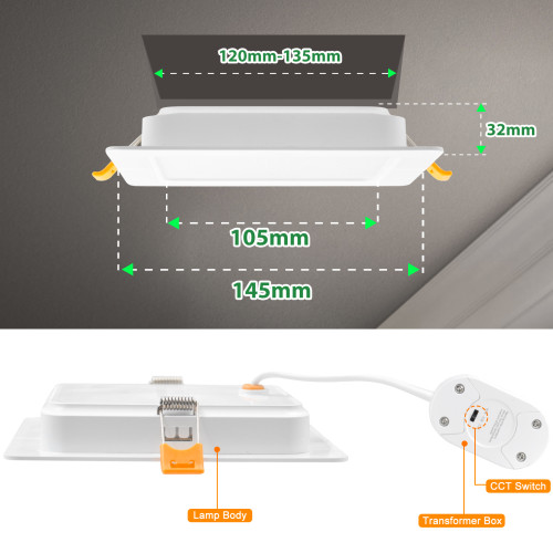 12W Ultra Slim LED Large Square Shape Panel Recessed Downlights Ceiling Lights 1200Lm CCT 3000K 4000K 6000K Selectable Square Cutout Hole 120X 120MM Not Dimmable 3 Lamps