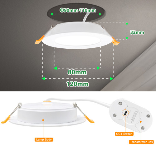 3 Inch LED Round Panel Recessed Downlights Ceiling Light 9W 900Lm IP54 Waterproof Kitchen Bathroom Lamp CCT 3000K 4000K 6000K Selectable Cut Out 90-110MM 3 Lamps