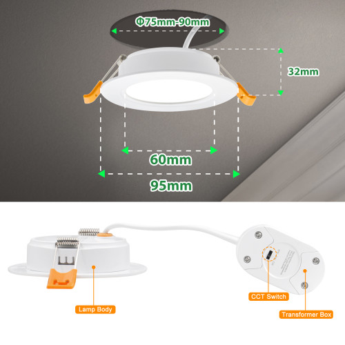 5W LED Small Round Recessed Downlights Ceiling Lamps 500Lm IP54 Waterproof for Kitchen Bathroom Light Color Adjustable 3000K 4000K 6000K Cut Hole Diameter 75-90MM 3 Lamps