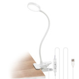 Clip On 4W Dimmable LED White Desk Lamp Flexible Gooseneck Table Reading Light with Clamp, USB Port and Timer Function for Bed Study Laptop Maximum 350Lm Eye Care Daylight Lighting