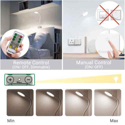 Remote Control Plug In Flexible LED Bedside Wall Reading Lamp Dimmable Power Socket Night Light 4W Neutral White Lighting 4000K with Power Plug 1 Lamp and 1 Remote Controller