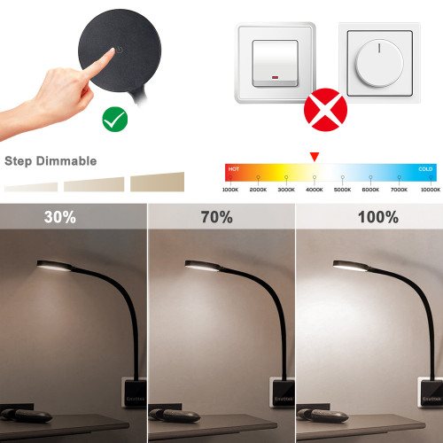 Plug In Touch Dimmable LED Wall Reading Light Swing Arm Flexible Bedroom Bedside Lamp with European Outlet Power Plug 4W 3X Adjustable Brightness Levels Neutral White Lighting 4000K