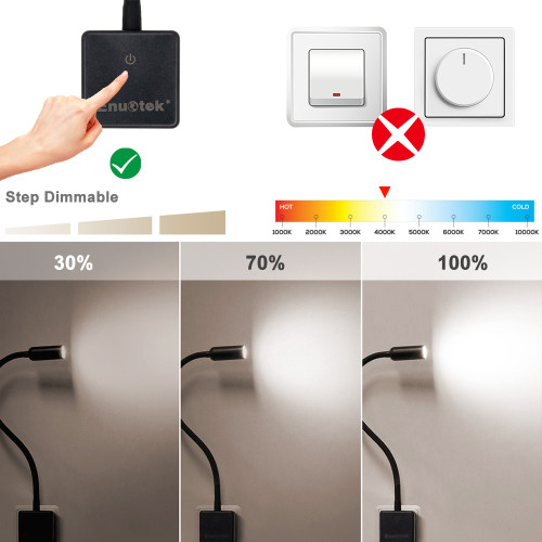 Plug In Dimmable LED Wall Reading Light Flexible LED Bedside Wall Spot Lamp with Type G Power Socket Plug 3W Maximum 280Lm 3X Brightness Levels Neutral White Lighting 4000K