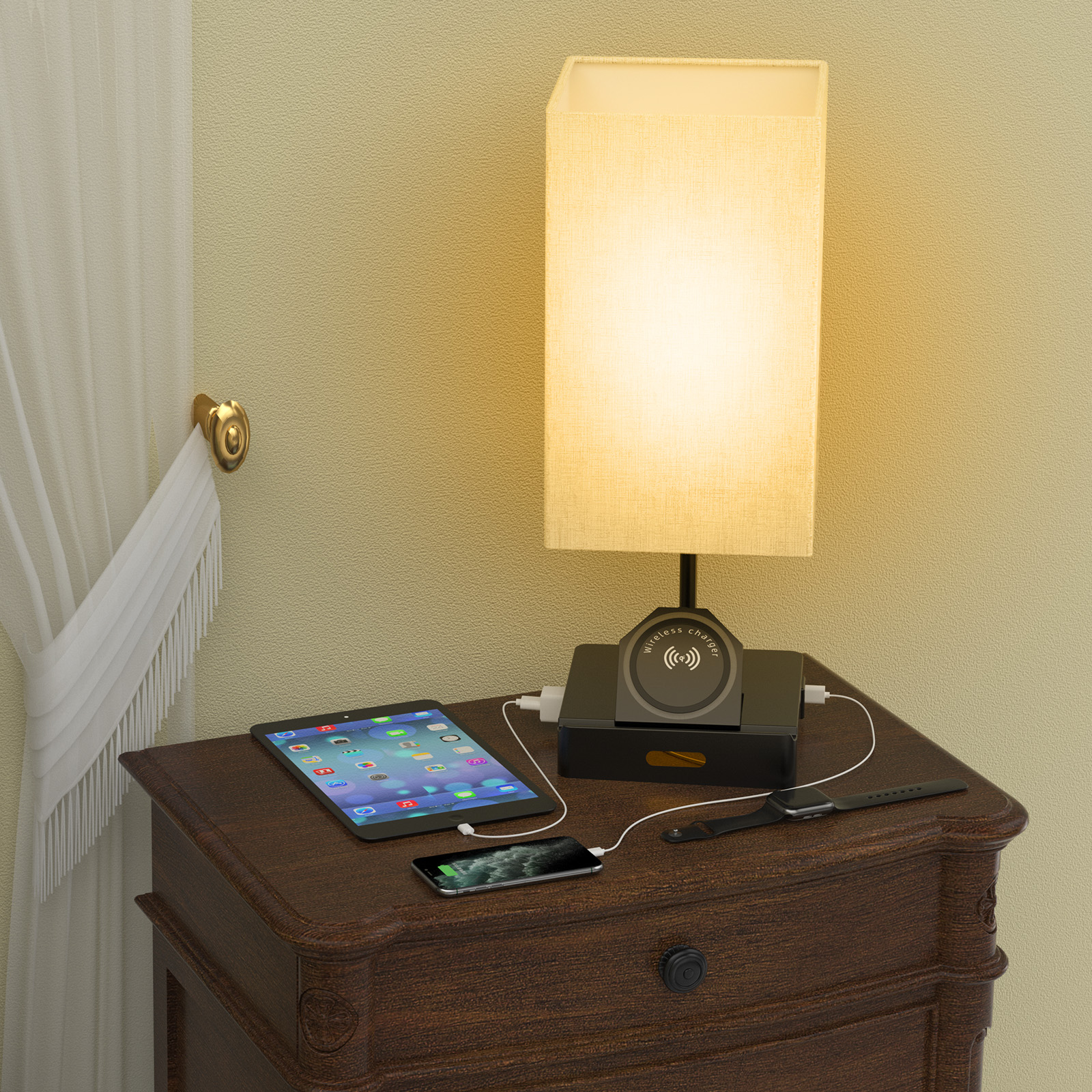 Bedside table with built deals in lamp