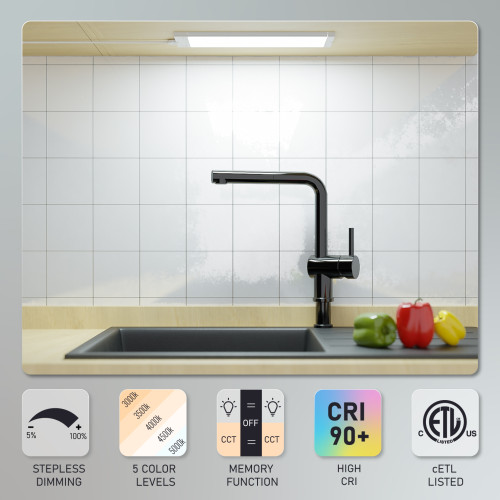 LED Under Cabinet Light, Plug in 12 Inch Kitchen Counter Panel Light, Linkable Easy Installation, 6W 480Lm Stepless Dimmable, 5X Lighting Colors 3000K- 5000K CRI 90+ ETL Listed