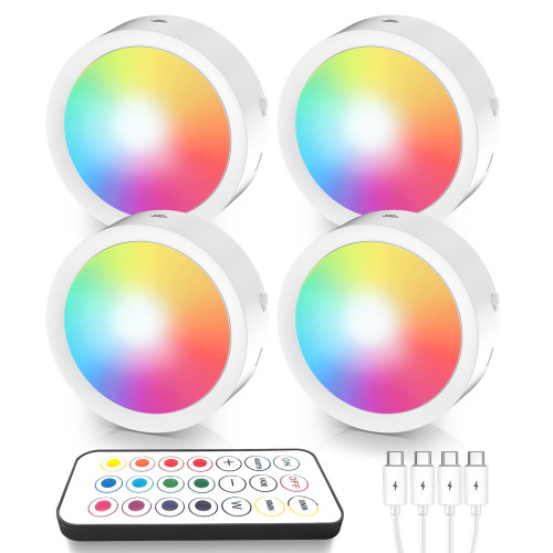 Rechargeable LED Under Cabinet Lights, 4 Pack Dimmable Puck Lights with Remote Control, 13 Colors RGBW Lighting, Magnetic Wireless Stick On Under Counter Lights for Kitchen Bedroom